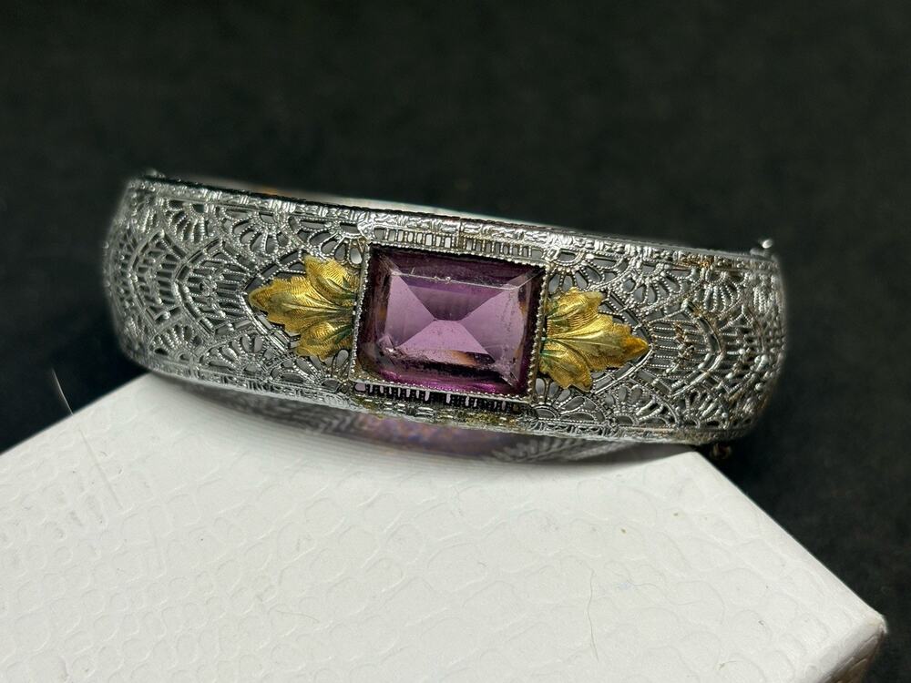 Art Deco Rhodium Silver Tone Gold Filled Filigree Bangle Bracelet Faux Amethyst